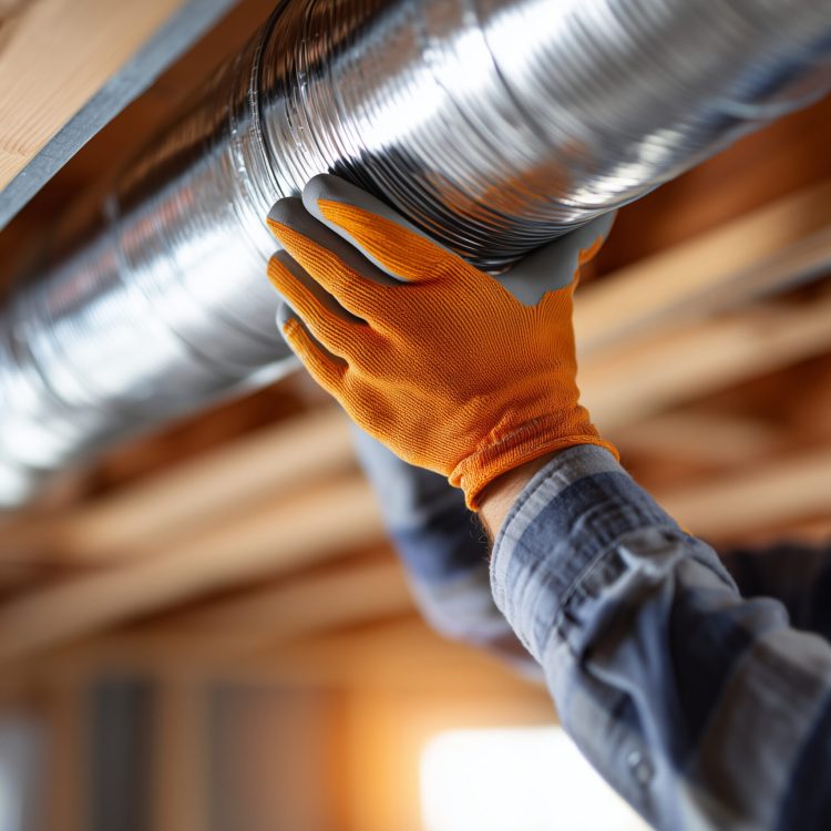 Close-up professional photo of hands wearing protective gloves installing a modern ventilation duct system inside a clean residential ceiling frame, no face visible. Contemporary i